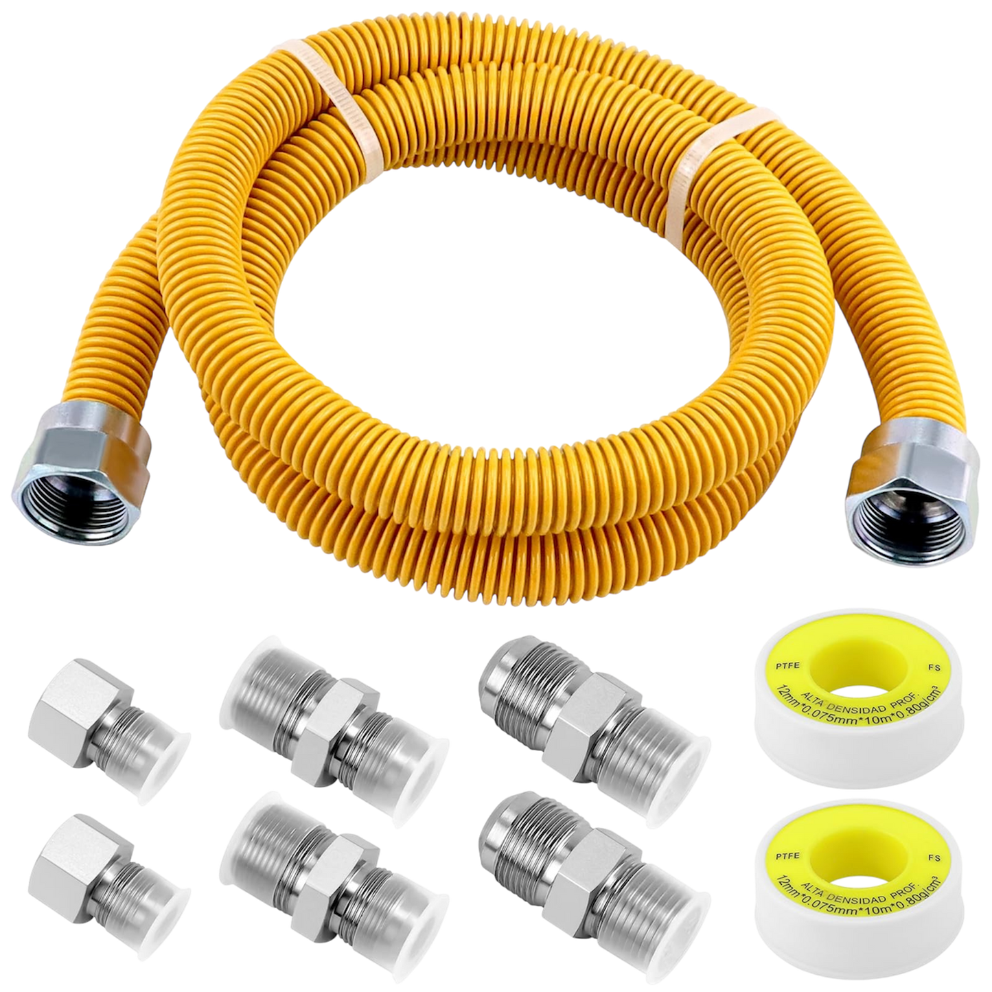 48” Flexible Gas Line Kit for Dryer, Stove & Water Heater – Yellow Coated Stainless Steel Gas Connector